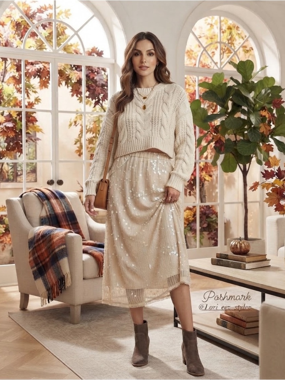 Old Navy Beige Sequined Midi Skirt